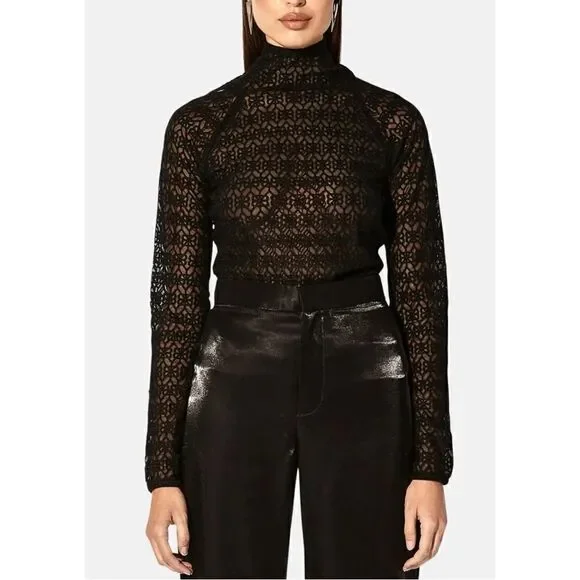 RtA Embroidered Mesh Mock Neck Long Sleeve Black Blouse Top Sz 10 NWT - Picture 9 of 9